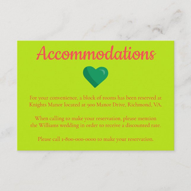 Heart themed Hotel Wedding accommodations Enclosure Card (Front)