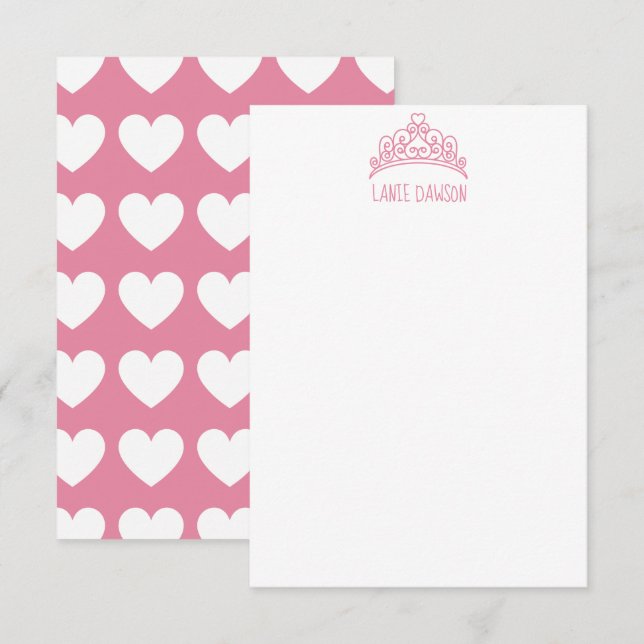 Heart Tiara Crown Personalised Note Cards (Front/Back)