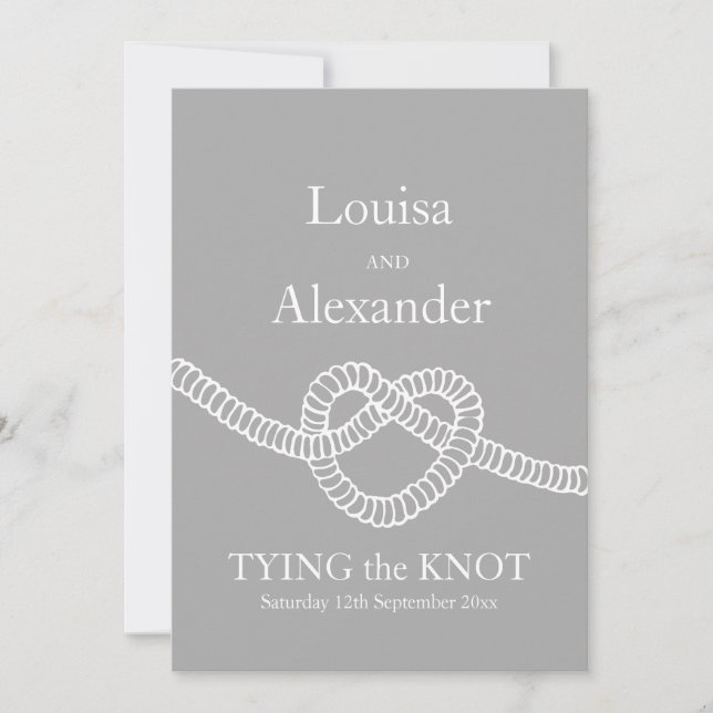 Heart tie the knot wedding grey white invitation (Front)