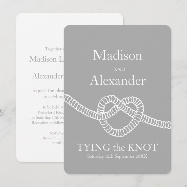 Heart tie the knot wedding grey white invitation (Front/Back)