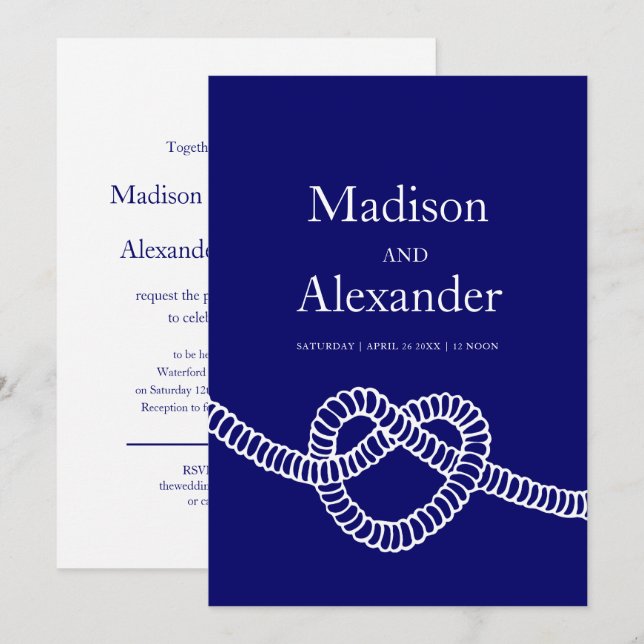 Heart tie the knot wedding navy blue white invitation (Front/Back)
