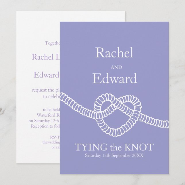 Heart tie the knot wedding purple white invitation (Front/Back)