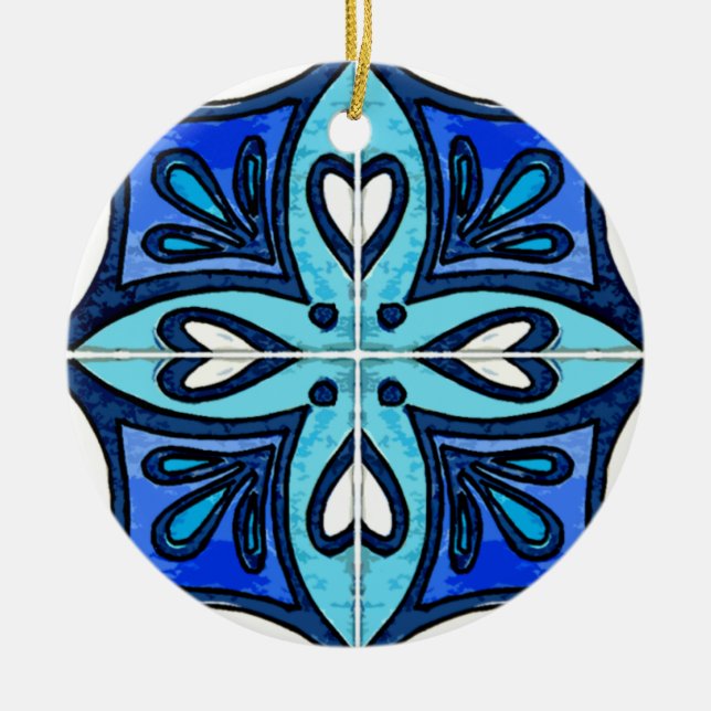 Heart Tiles Inspired by Portuguese Azulejos Blue Ceramic Tree Decoration (Front)