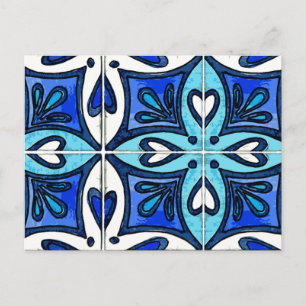 Heart Tiles Inspired by Portuguese Azulejos Blue Postcard