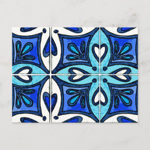 Heart Tiles Inspired by Portuguese Azulejos Blue Postcard