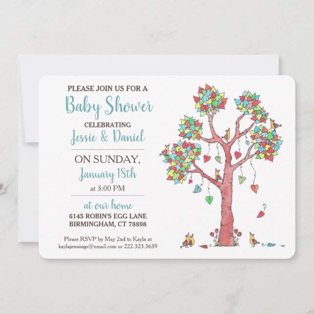 Heart Tree and Birds Gathering Fun Baby Shower Invitation (Front)