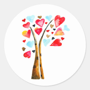 Heart tree valentines watercolor art classic round sticker