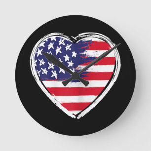 Heart US Flag 4th of July Patriotic American Stars Round Clock