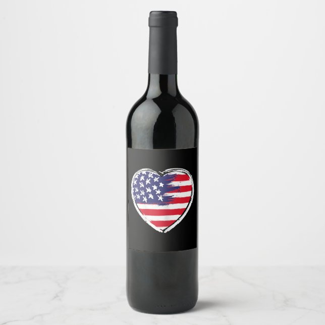 Heart US Flag 4th of July Patriotic American Stars Wine Label (Front)