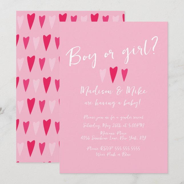 Heart Valentines Day Gender Reveal Pink Red Invitation (Front/Back)