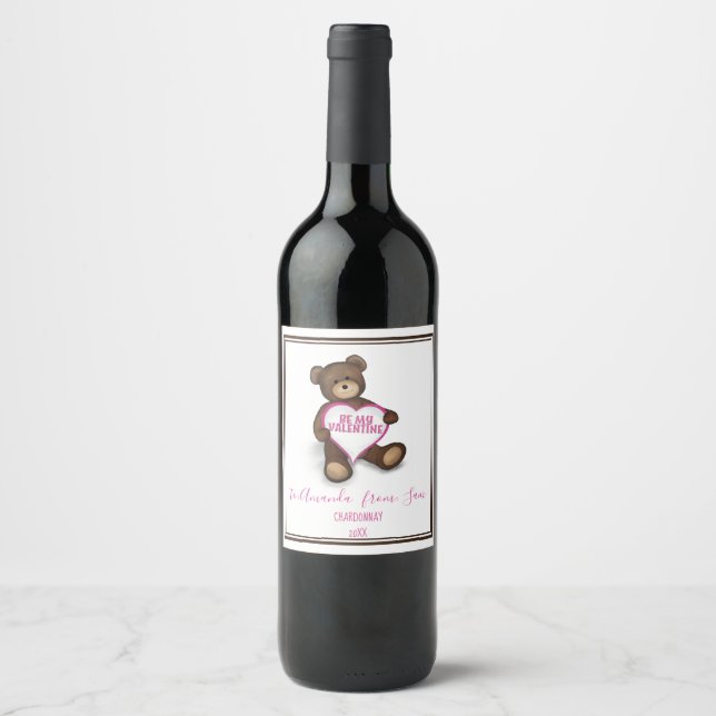 Heart Valentine's Day Teddy Bear WHimsical Cute Wine Label (Front)