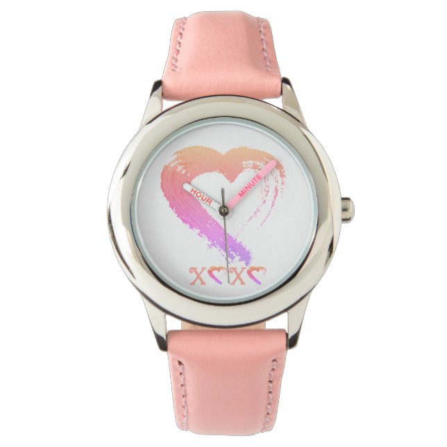 Heart Watch Kid's Stainless Steel Pink Leather  (Front)