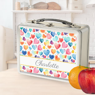 Heart Watercolor Colorful Cute Love Custom Name Metal Lunch Box