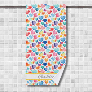 Heart Watercolor Colourful Cute Love Custom Name  Bath Towel