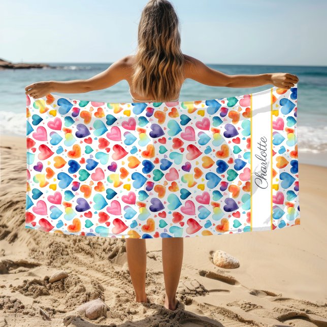 Heart Watercolor Colourful Cute Love Custom Name  Beach Towel (Creator Uploaded)