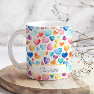 Heart Watercolor Colourful Cute Love Custom Name Coffee Mug