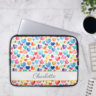 Heart Watercolor Colourful Cute Love Custom Name Laptop Sleeve