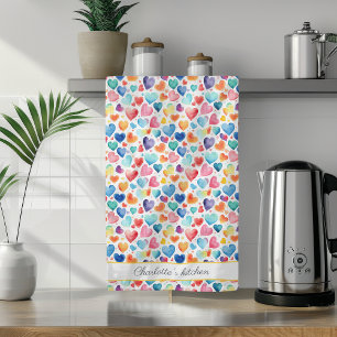Heart Watercolor Colourful Cute Love Custom Name Tea Towel