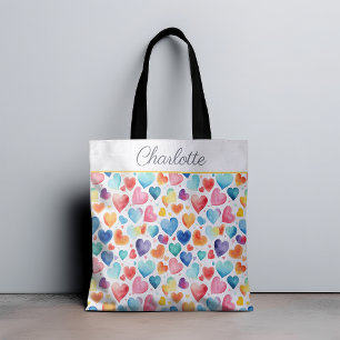 Heart Watercolor Colourful Cute Love Custom Name  Tote Bag