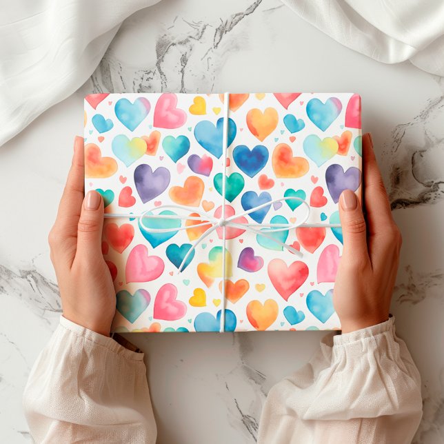 Heart Watercolor Colourful Cute Love Sweet Pattern Wrapping Paper (Creator Uploaded)
