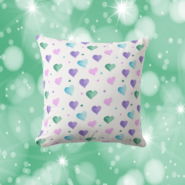 Heart Watercolor Pattern Pink Blue Purple Green Cushion (A throw pillow with water color hearts and polka dots done in pink, blue, purple and green.)