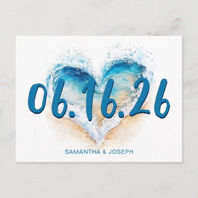 Heart Wave Beach Save the Date Postcard (Front)