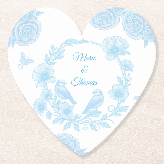 Heart Wedding 💙 Personalised Names Floral Paper Coaster (Front)