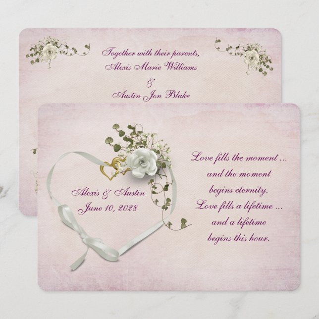 Heart wedding rings and ribbon invitation (Front/Back)