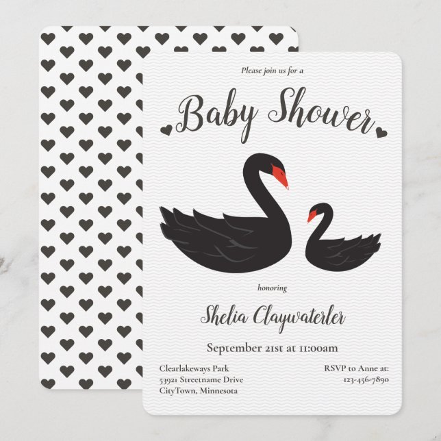 Heart White Black Swan Bird Animal Baby Shower Invitation (Front/Back)
