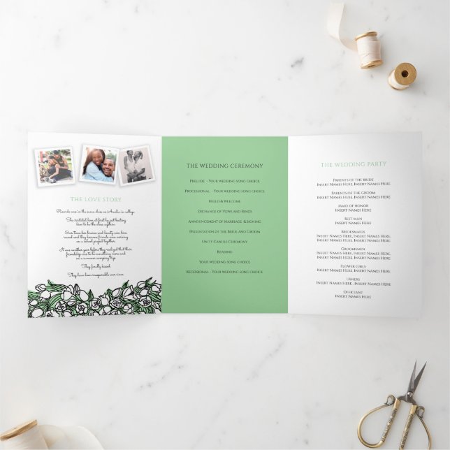 Heart white tulips ink story dedication wedding Tri-Fold programme (Inside)