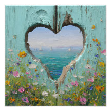 Heart Window Coastal Wildflower Sailboat Painting