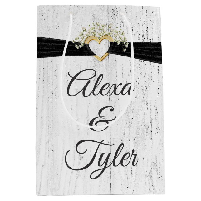 Heart with Black Ribbon On Whitewashed Wood  Medium Gift Bag (Front)