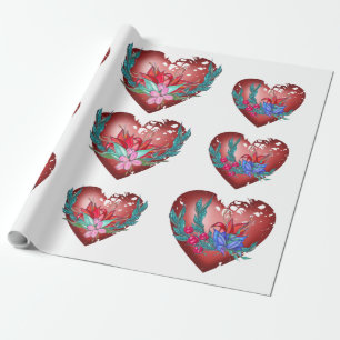 Heart with blue and red flowers and green branches wrapping paper