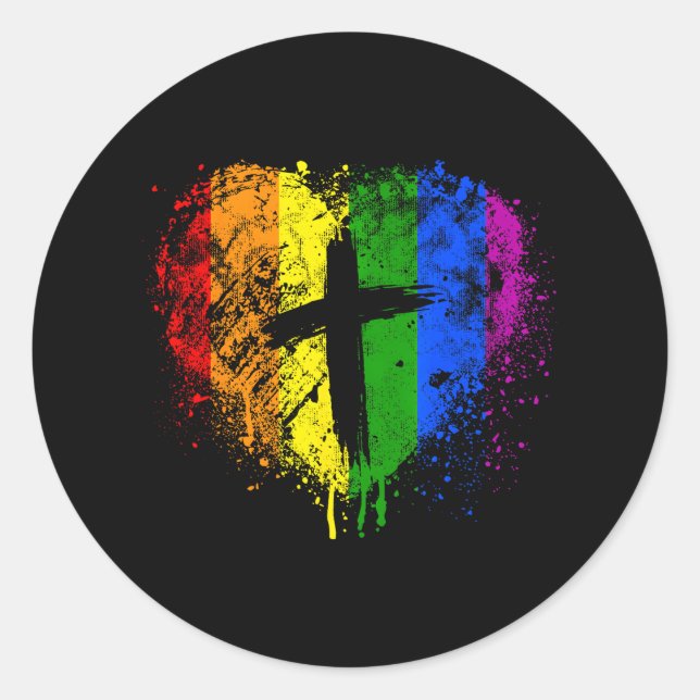 Heart with cross Gay Pride Christian religious Classic Round Sticker (Front)