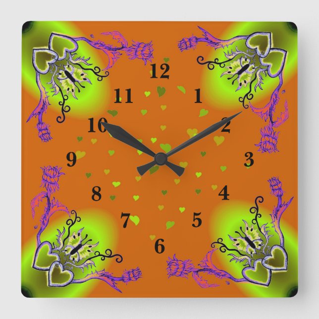 Heart with Flower and Butterfly Square Wall Clock (Front)