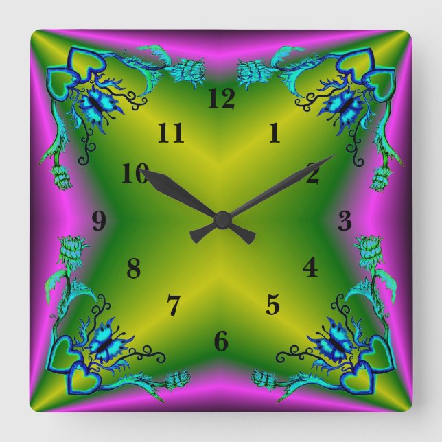 Heart with Flower and Butterfly Square Wall Clock (Front)