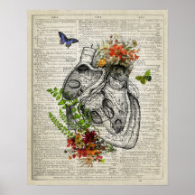Heart with Flowers Anatomy Dictionary Art