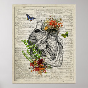 Heart with Flowers Anatomy Dictionary Art Poster