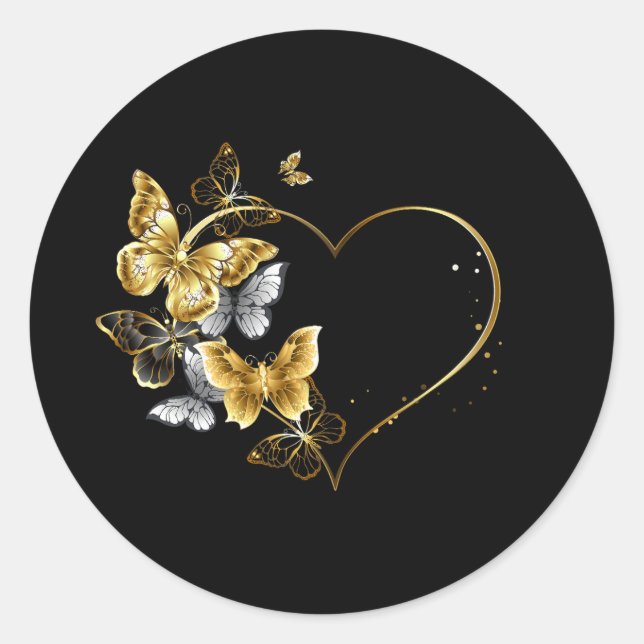 Heart with Golden Butterflies Classic Round Sticker (Front)