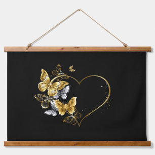 Heart with Golden Butterflies Hanging Tapestry