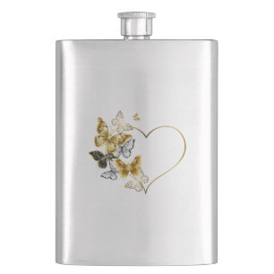 Heart with Golden Butterflies Hip Flask