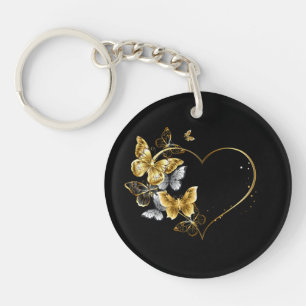 Heart with Golden Butterflies Key Ring