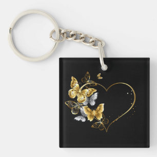 Heart with Golden Butterflies Key Ring