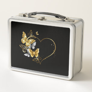 Heart with Golden Butterflies Metal Lunch Box