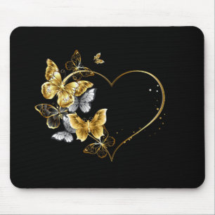 Heart with Golden Butterflies Mouse Mat