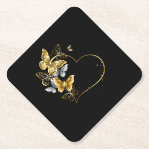 Heart with Golden Butterflies Paper Coaster