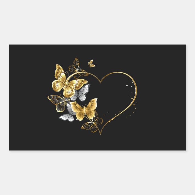 Heart with Golden Butterflies Rectangular Sticker (Front)
