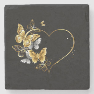 Heart with Golden Butterflies Stone Coaster