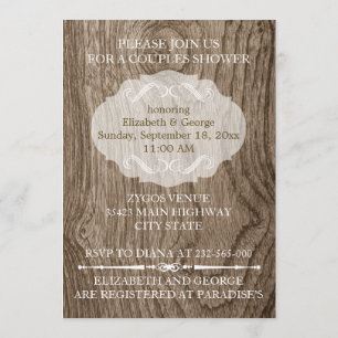 Heart with initials on wood wedding couples shower invitation