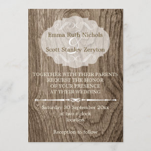 Heart with initials wood grain rustic wedding invitation